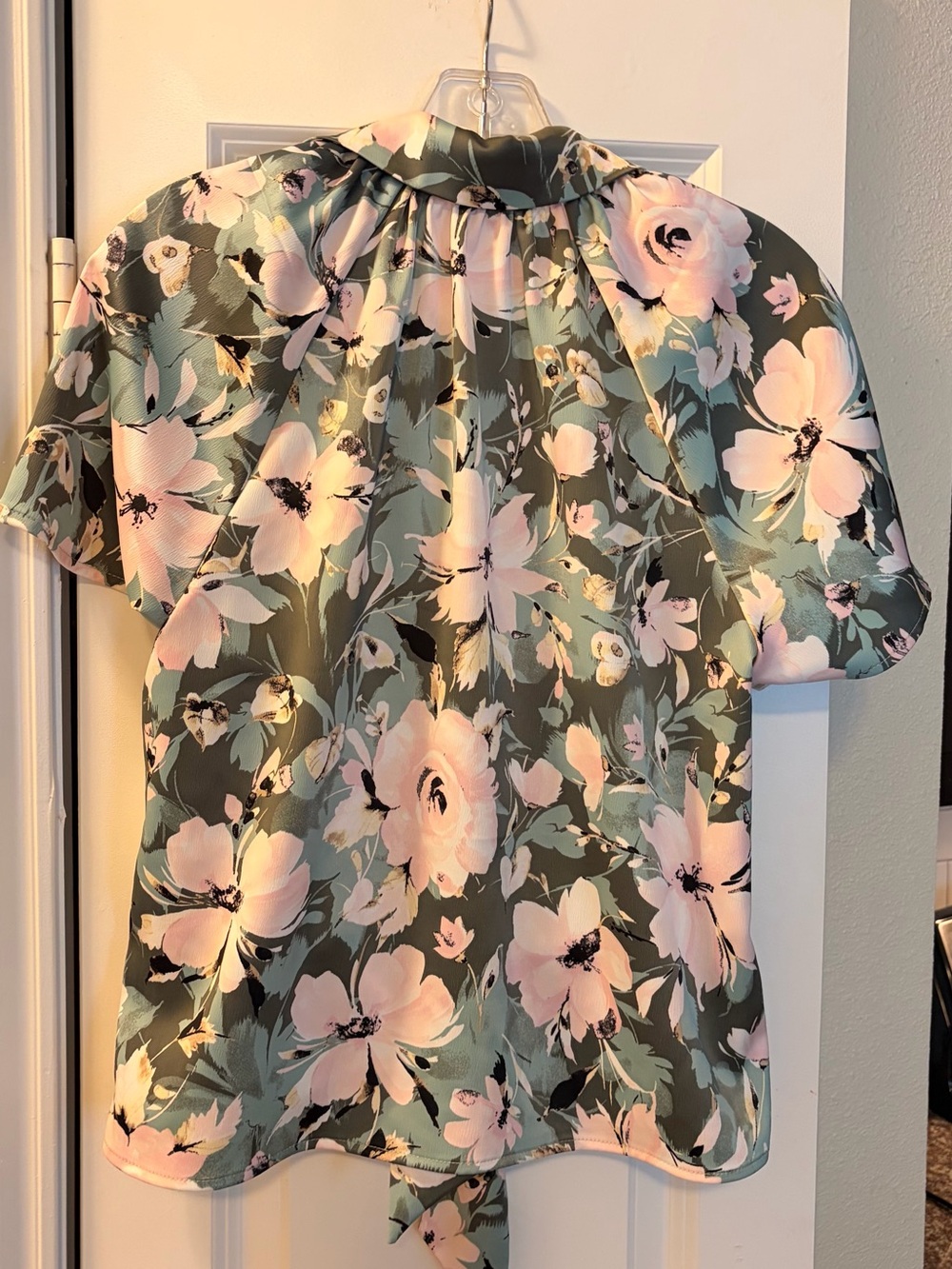 Anne Klein Sage Green & Pink Floral Tie-Front Satin Button Shirt - Picture 3 of 4